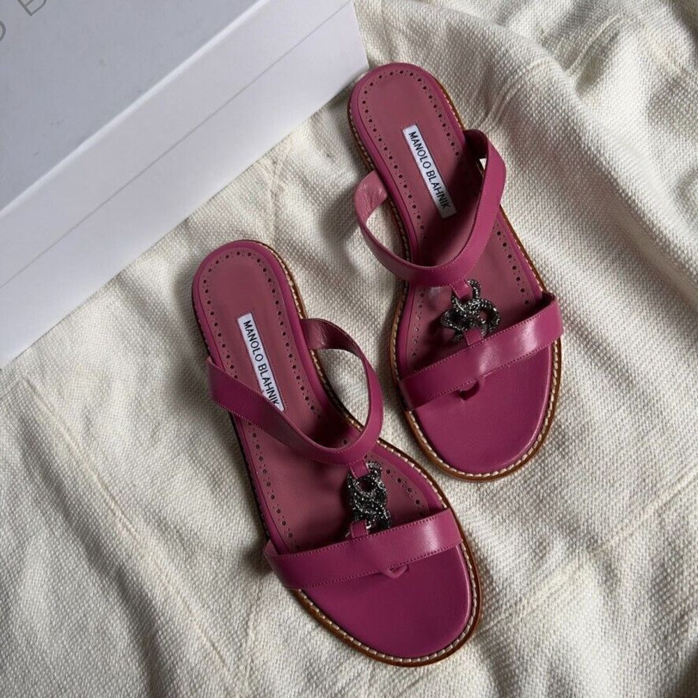 Manolo Blahnik Sanzoracry Embellished Leather Flat Sandals Dark Pink